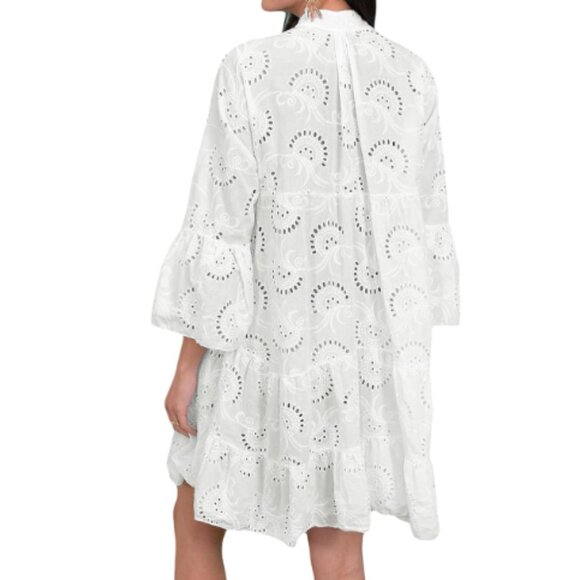 Women's White Embroidery Lace Shirt Dress Eyelet - Picture 2 of 5